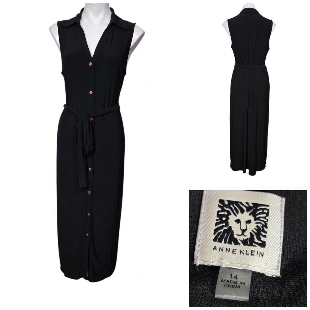 Anne Klein Black Sleeveless Button Front Belted Maxi Shirt Dress Size 14